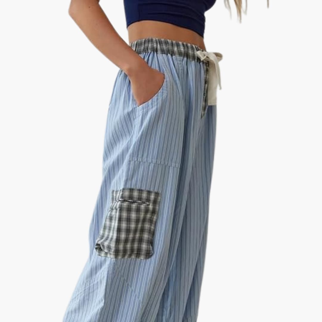 Women's pajama set with button top and elastic pants; striped light-blue with plaid patch pocket