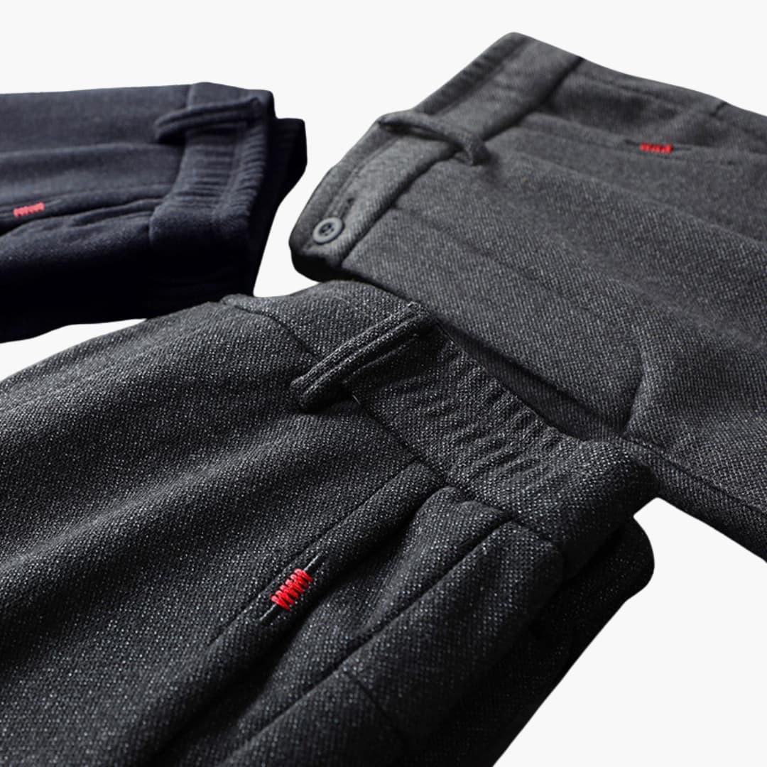 Trouser trio: dark denim Wilfred Smith pants with red stitching accents