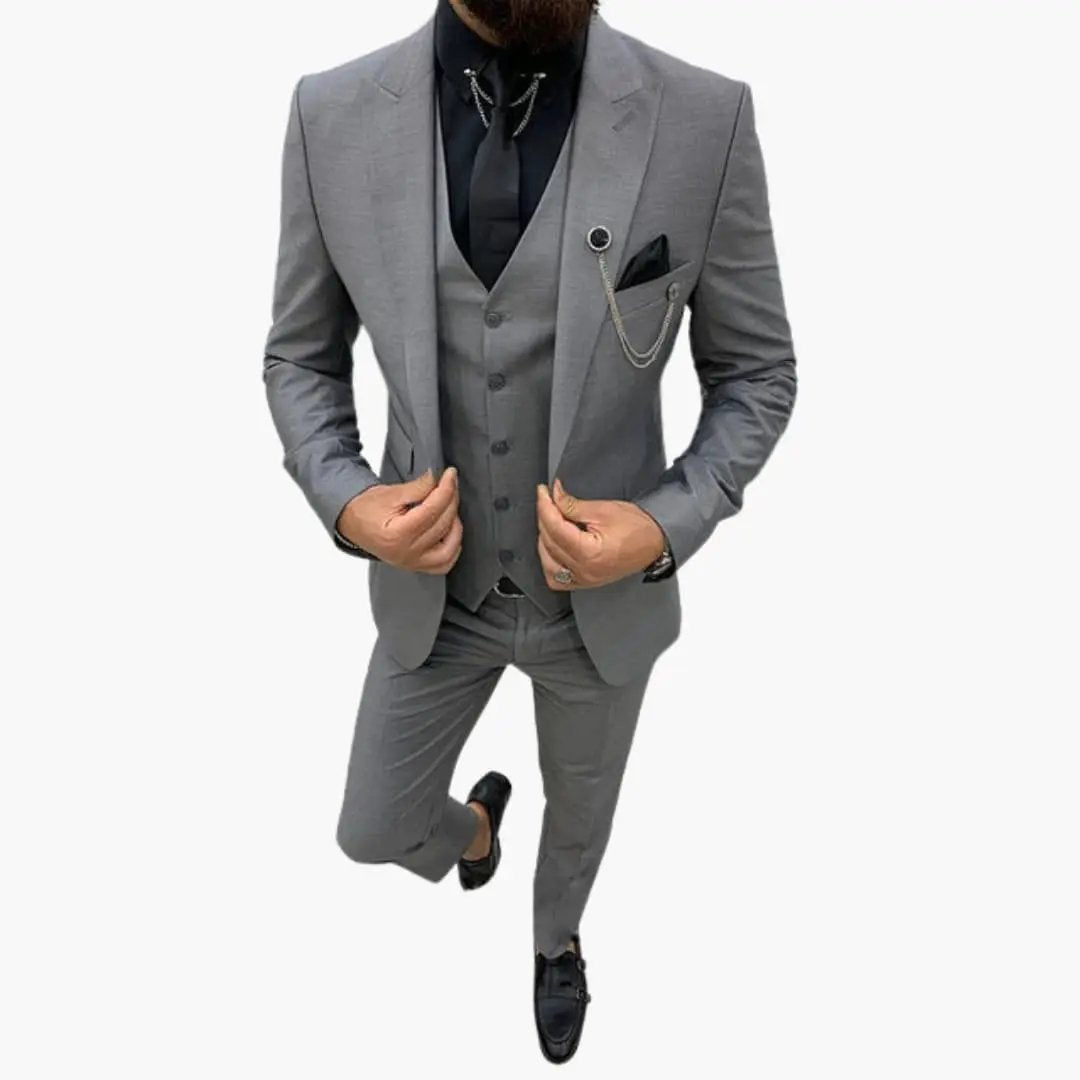 Men's slim-fit three-piece suit by Wilfred Smith in gray with notch lapel and waistcoat