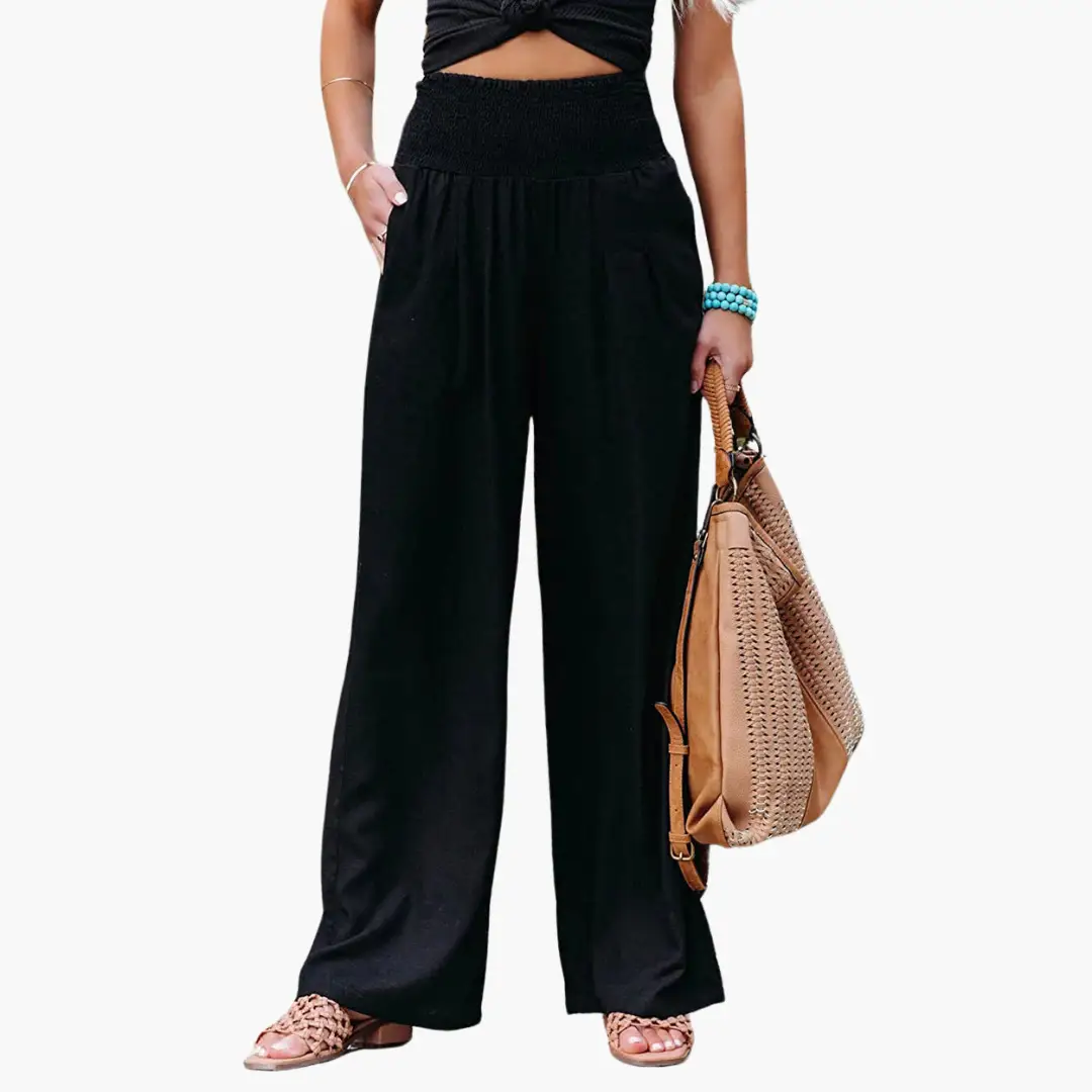 Palazzo trousers for women, black wide-leg summer pants with smocked elastic waistband