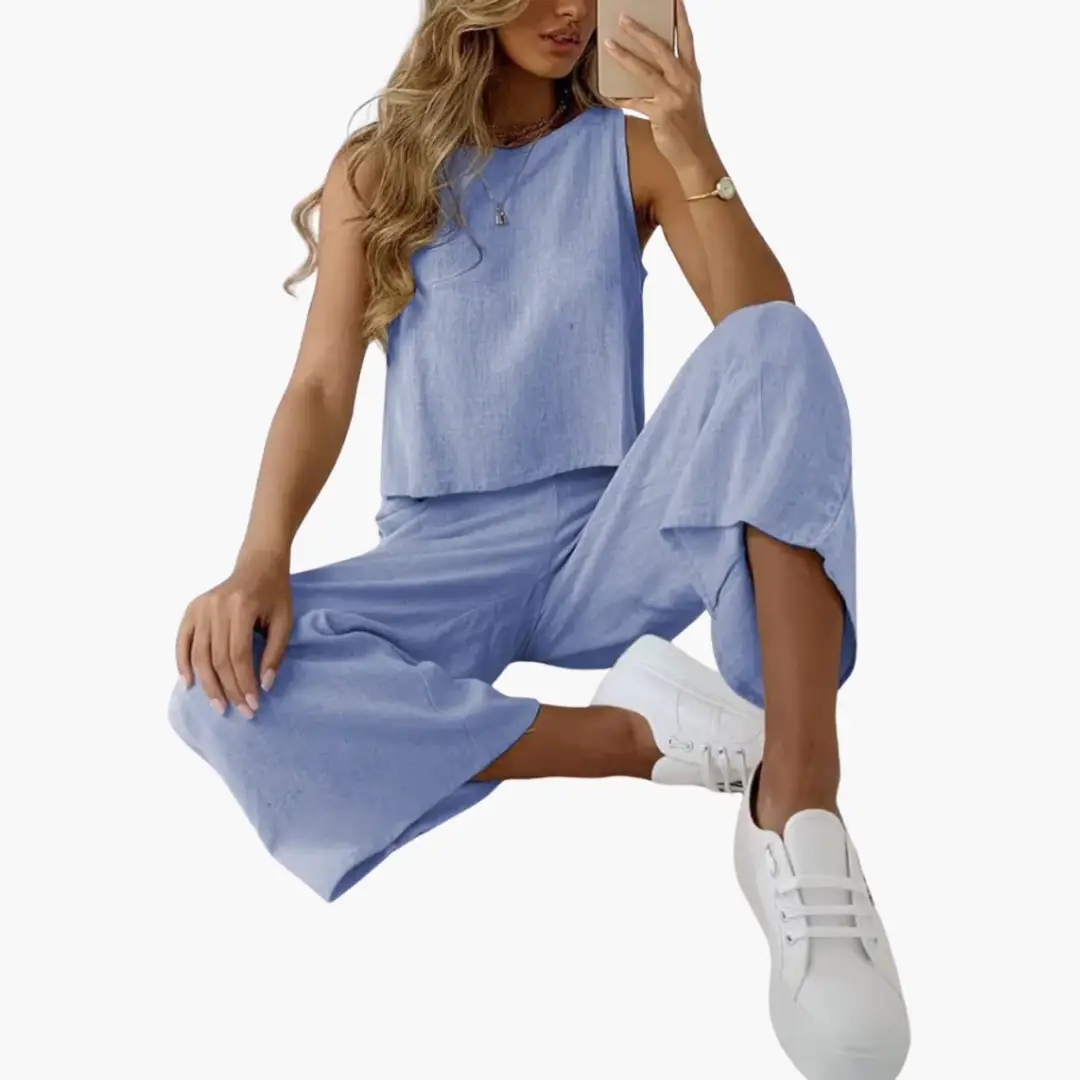 Light blue two-piece women's outfit set with sleeveless top and wide-leg pants for casual summer wear