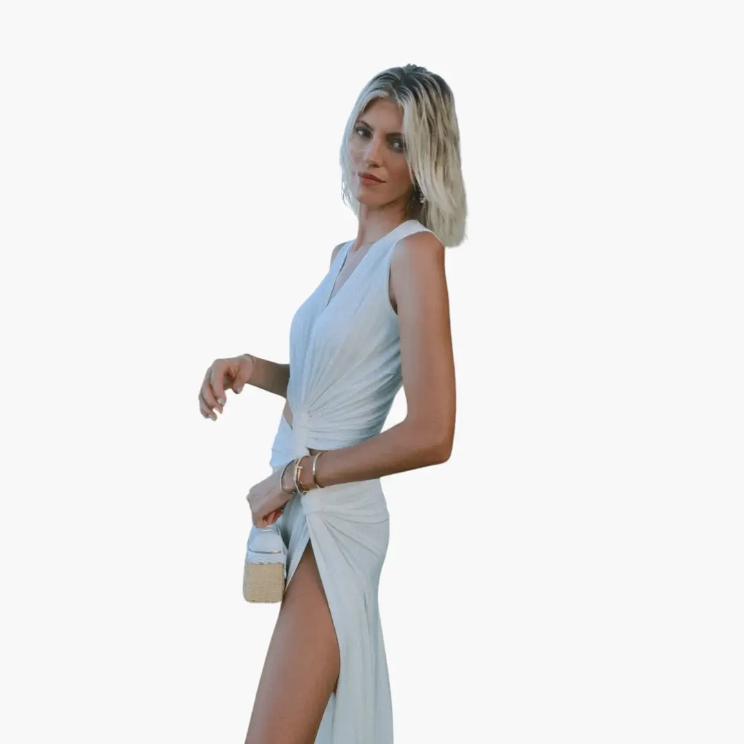 Summer dress for women by Wilfred Smith, light blue V-neck wrap dress with twist at waist and high side slit.