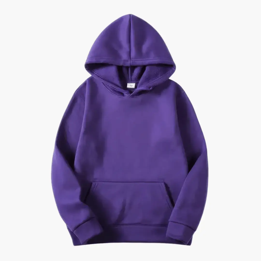 Women’s fitted hoodie by Wilfred Smith in purple with adjustable hood and ribbed hem