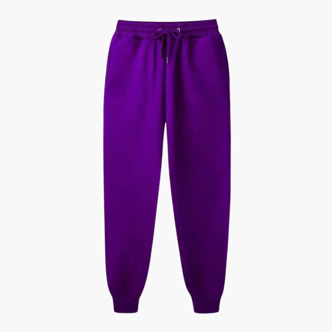 Unisex jogging pants by Wilfred Smith, purple with drawstring waist and cuffed hems