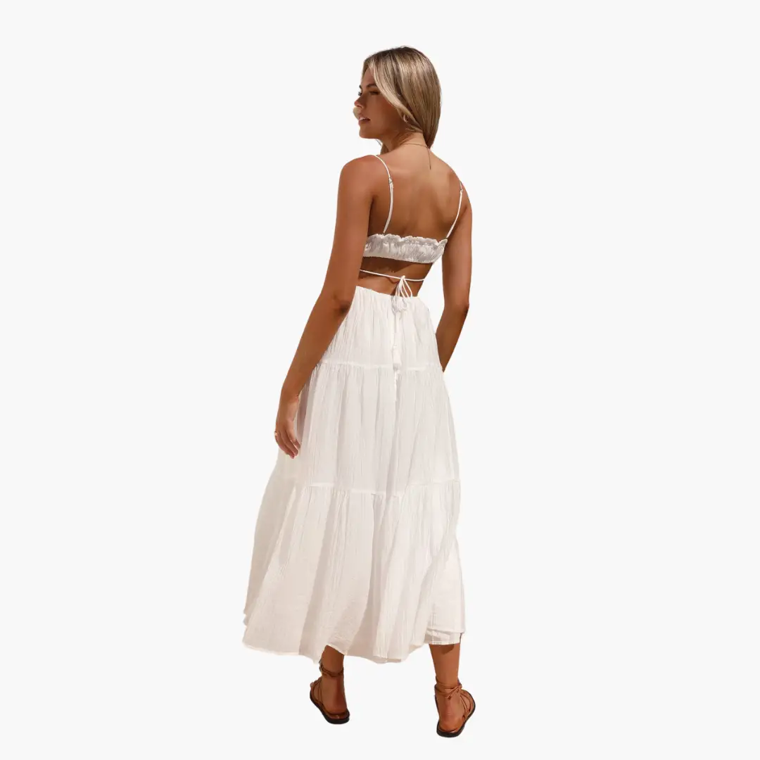 Maxi dress for women in white with boho style, spaghetti straps and back ties