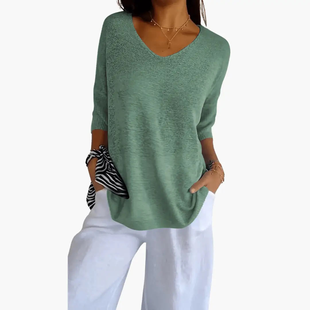 Women's V-Neck Top by Wilfred Smith, loose green knit summer top