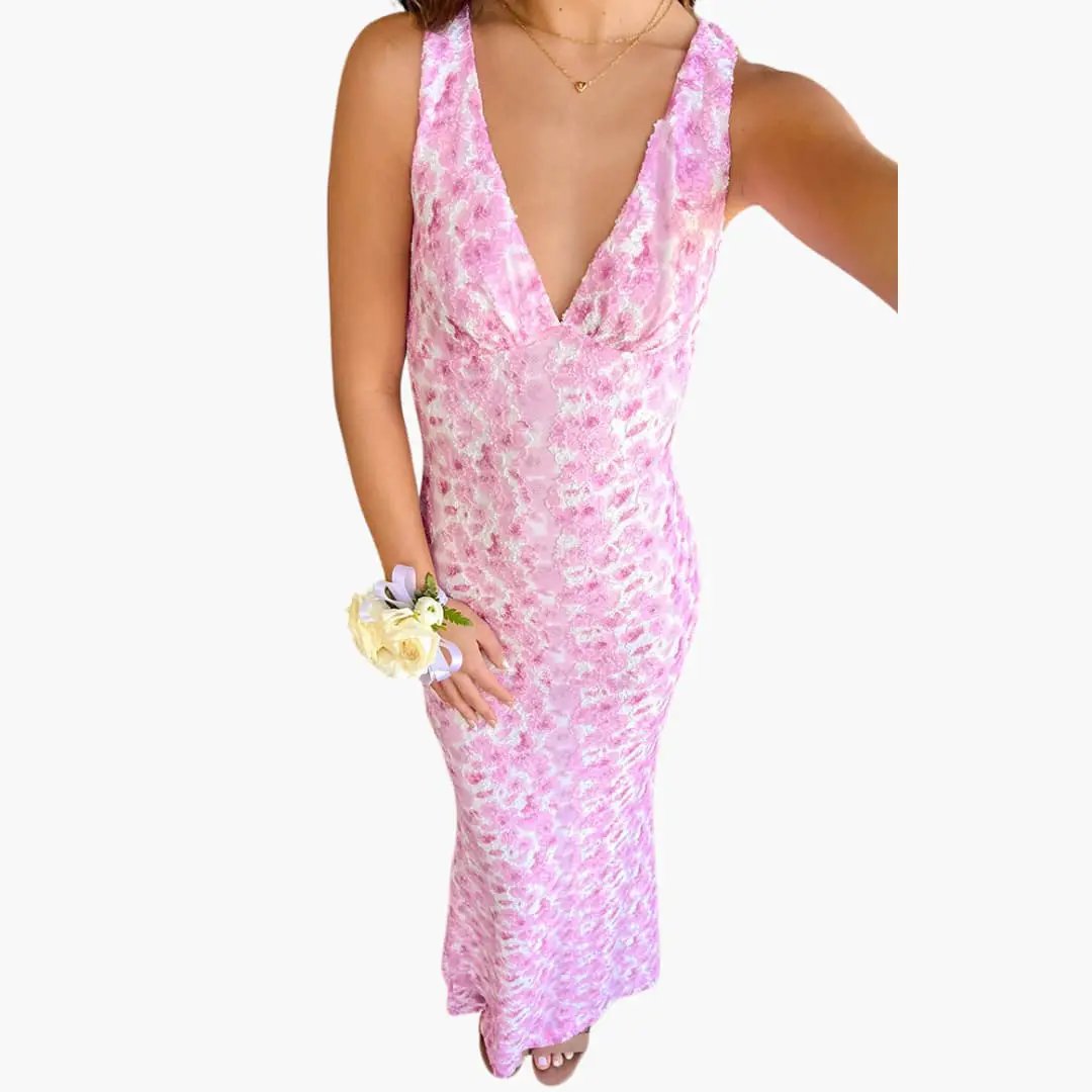 Pink lace maxi dress with a deep V-neck, sleeveless, floor-length.