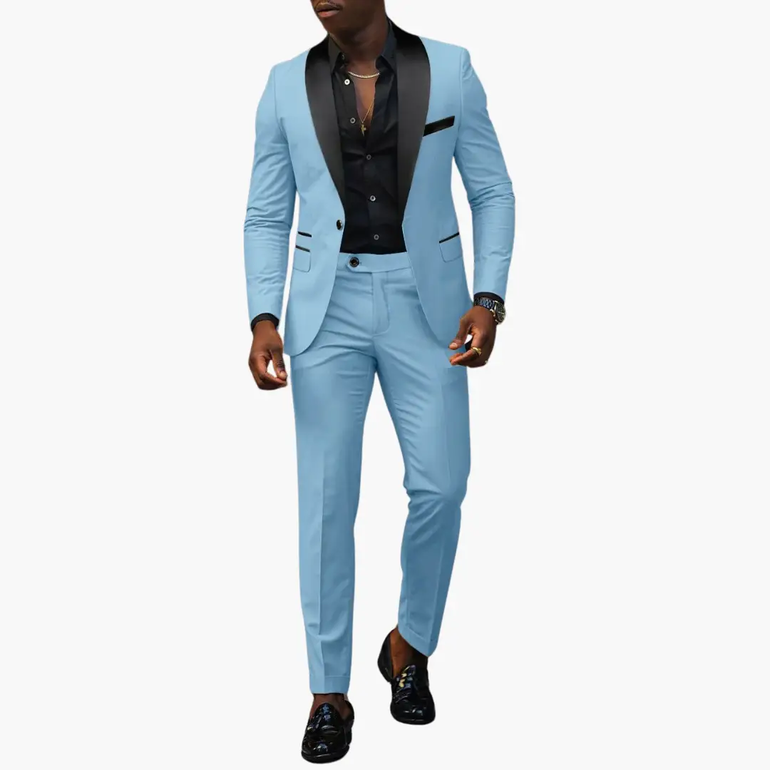 Elegant men's light blue two-piece wedding suit with black satin lapels.