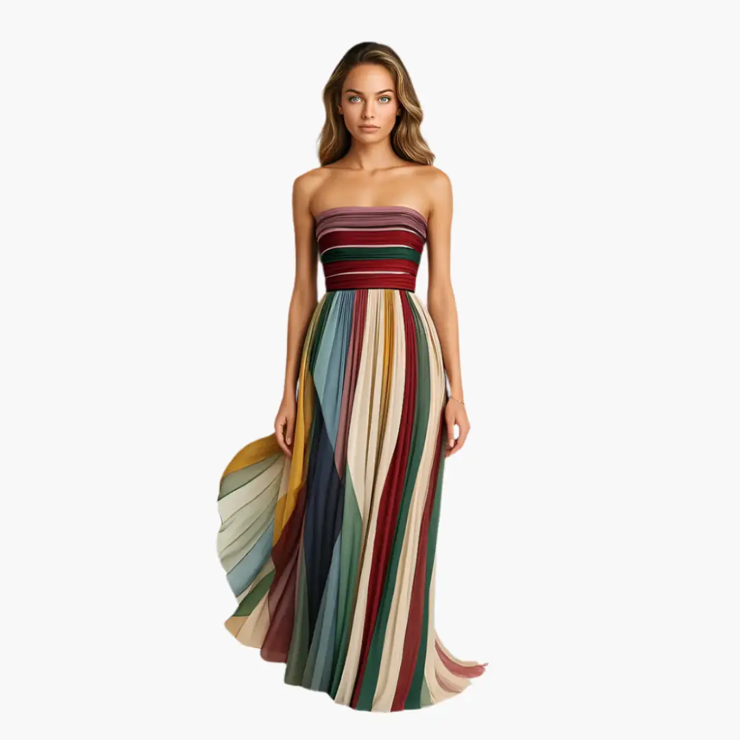 Maxi dress strapless colorful striped pleated skirt by Wilfred Smith
