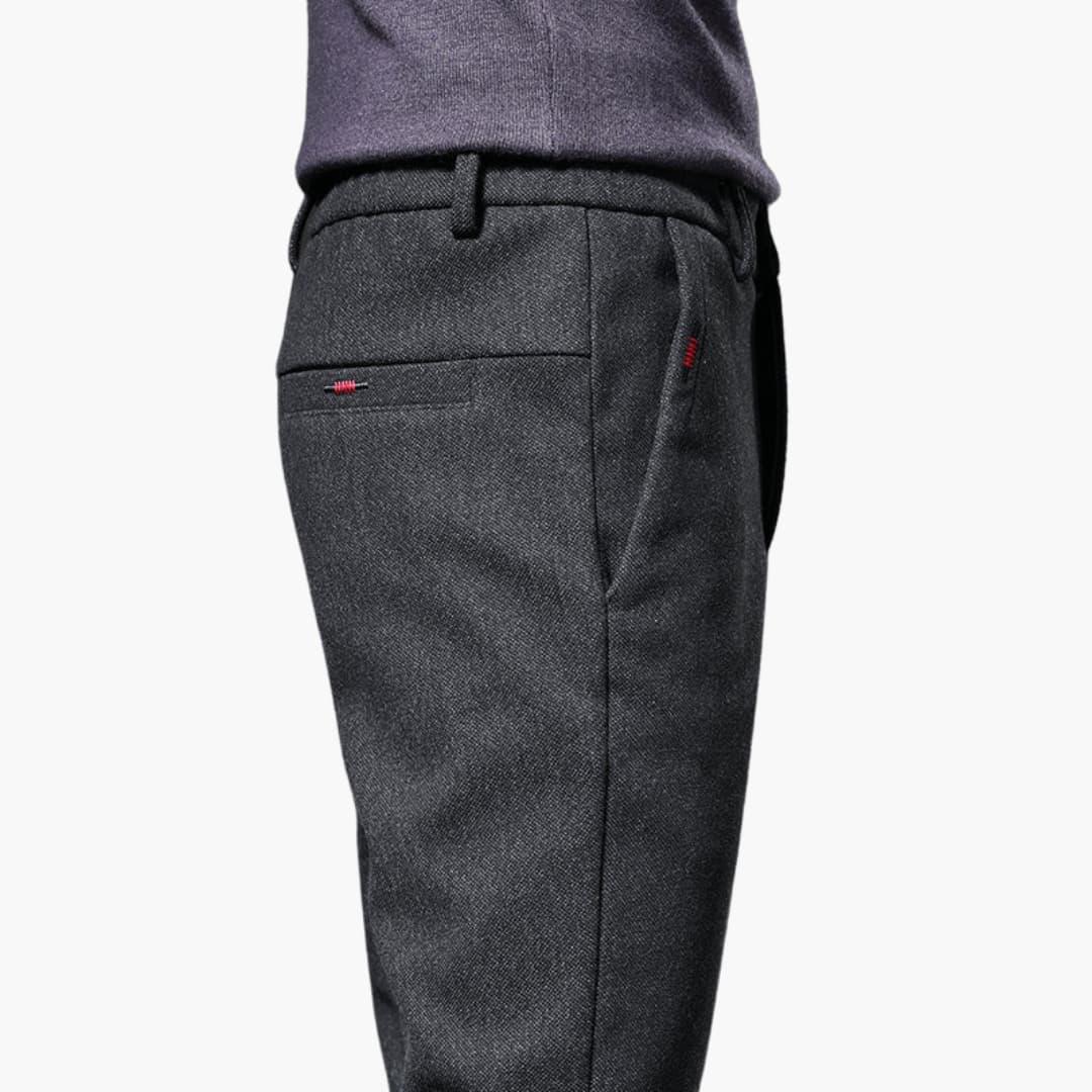 Wilfred Smith men's trouser, charcoal casual pants with subtle red stitching accents