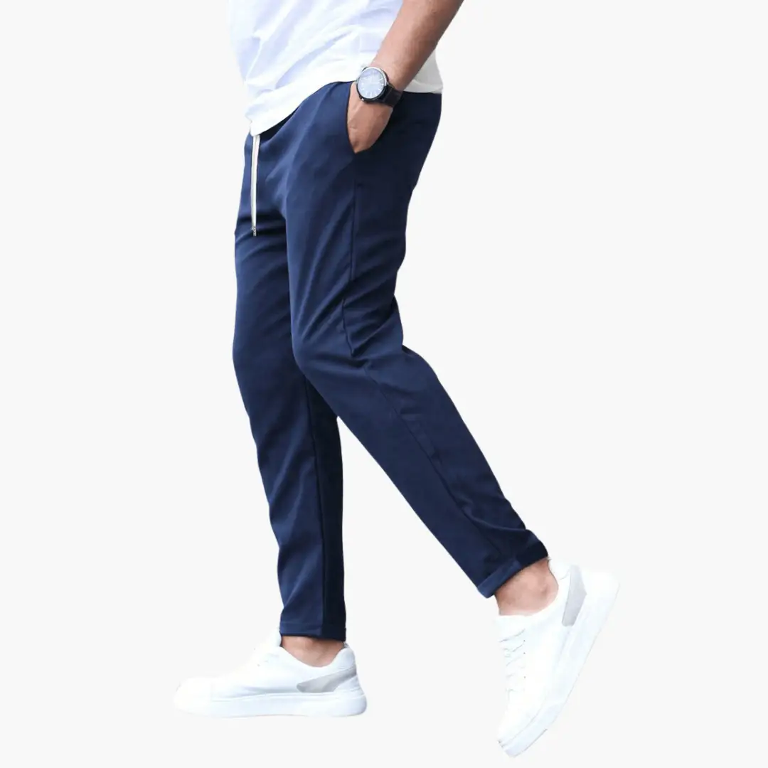 Wilfred Smith men's stretch trousers in navy with slim legs and drawstring waistband