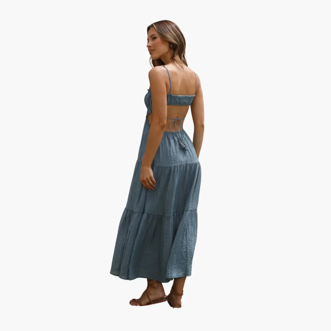 Boho Maxi Dress by Wilfred Smith in blue-gray with back ties and tiered skirt
