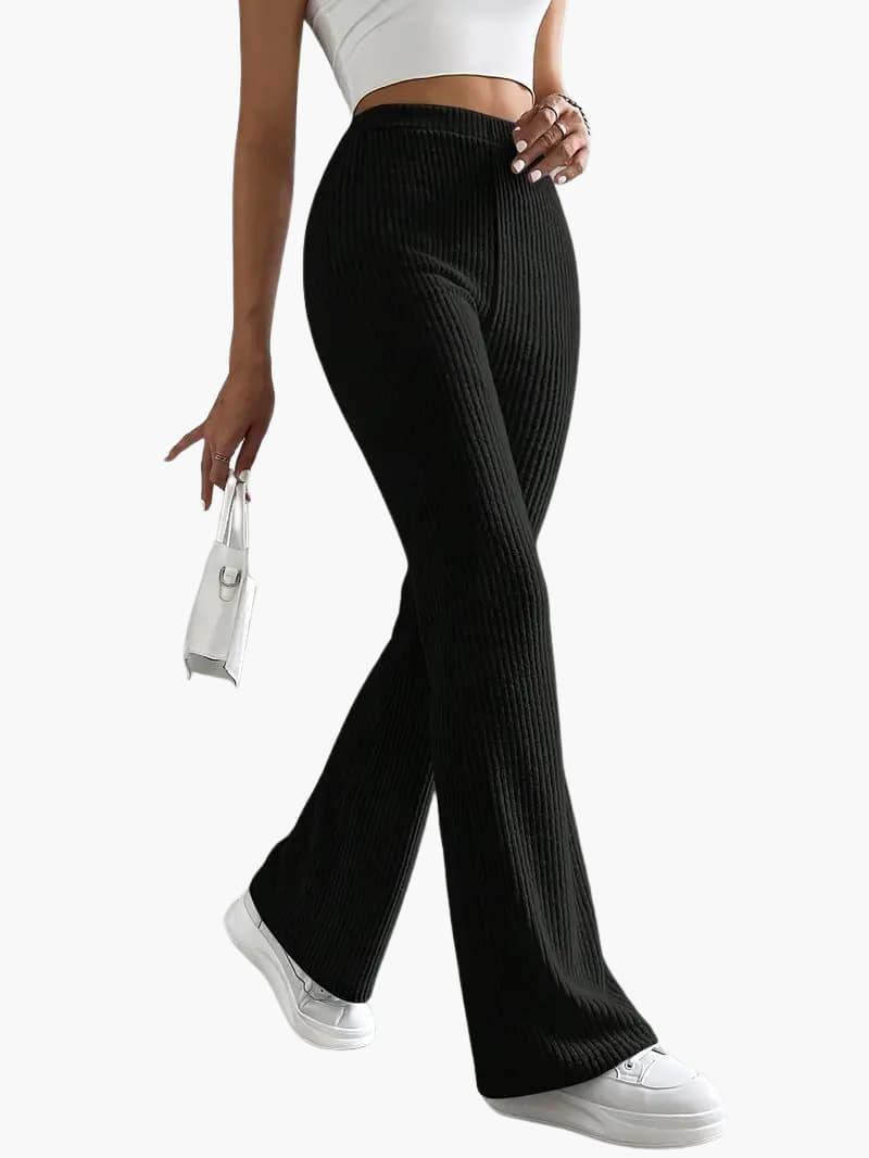 Wide high-waist knit pants for women in black, ribbed fabric, lounge-fit trousers