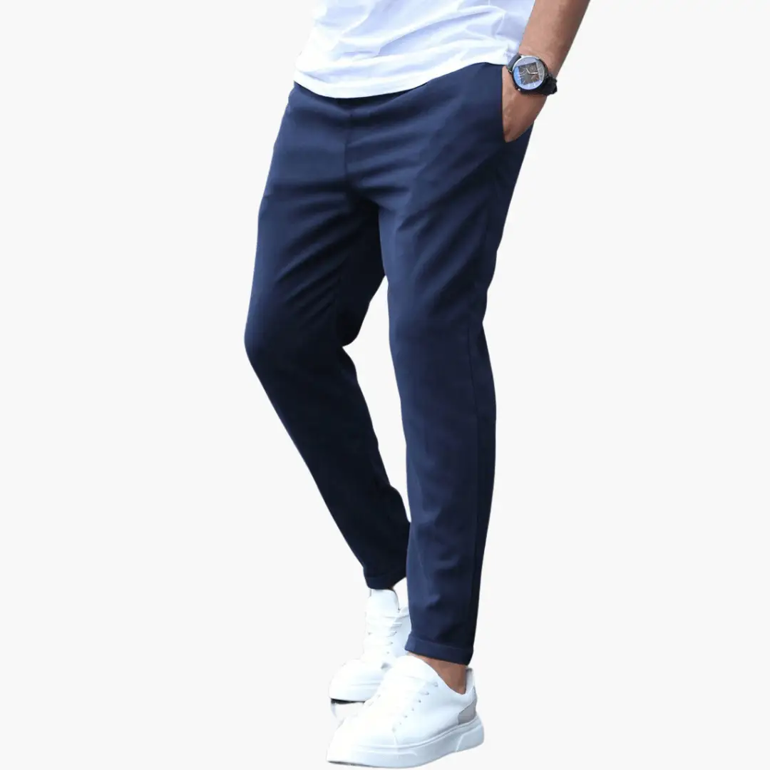 Men's navy stretch trousers with slim legs and waistband