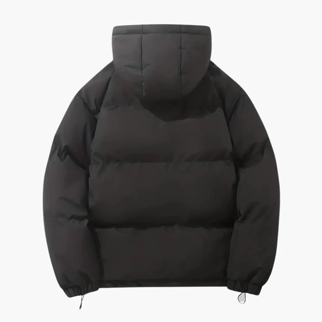 Women's black puffer hooded jacket by Wilfred Smith, parka with exterior stitching