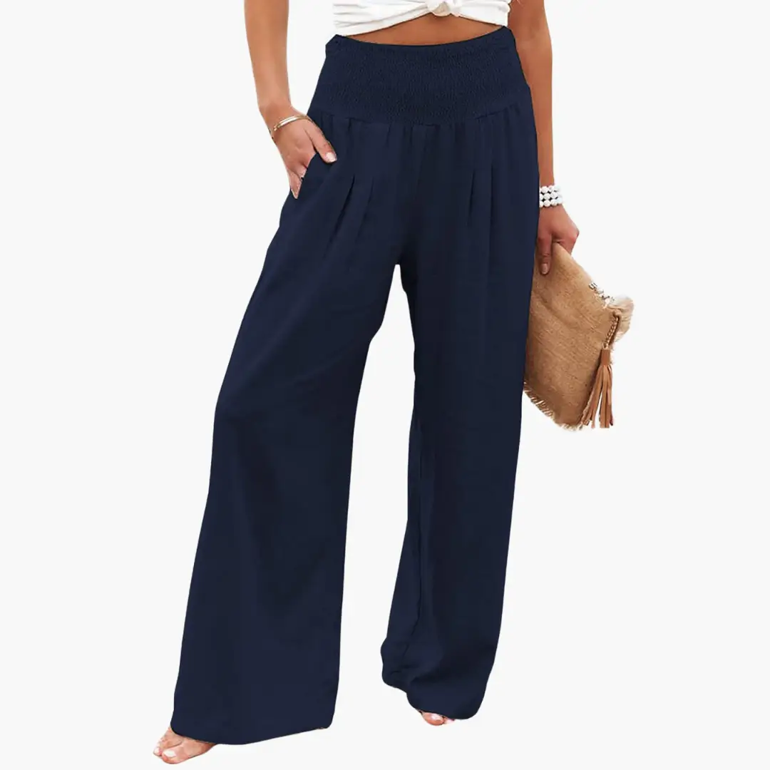 Palazzo trousers for women in navy, wide-leg summer pants with smocked waistband