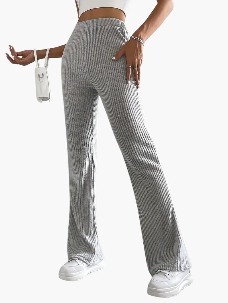 Wide-leg, high-waist knit pants for women in grey ribbed fabric by Wilfred Smith, lounge trousers