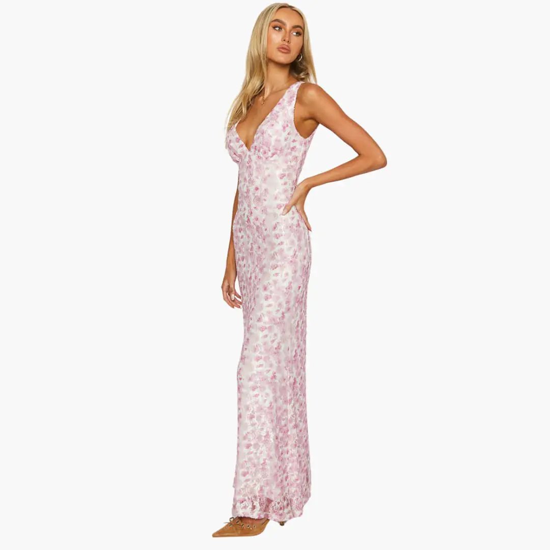 Lace maxi dress by Wilfred Smith, pink tie-dye lace with a deep V-neck