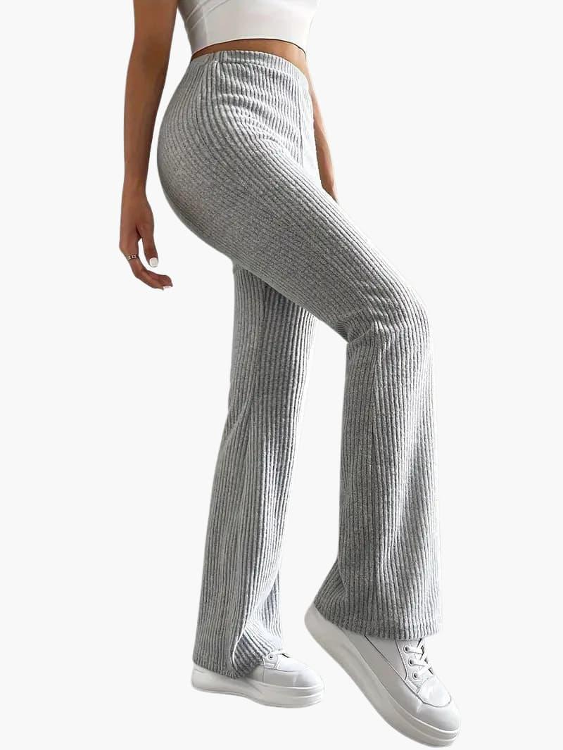 Wide high-waist knit pants for women in gray ribbed knit with a comfortable lounge fit