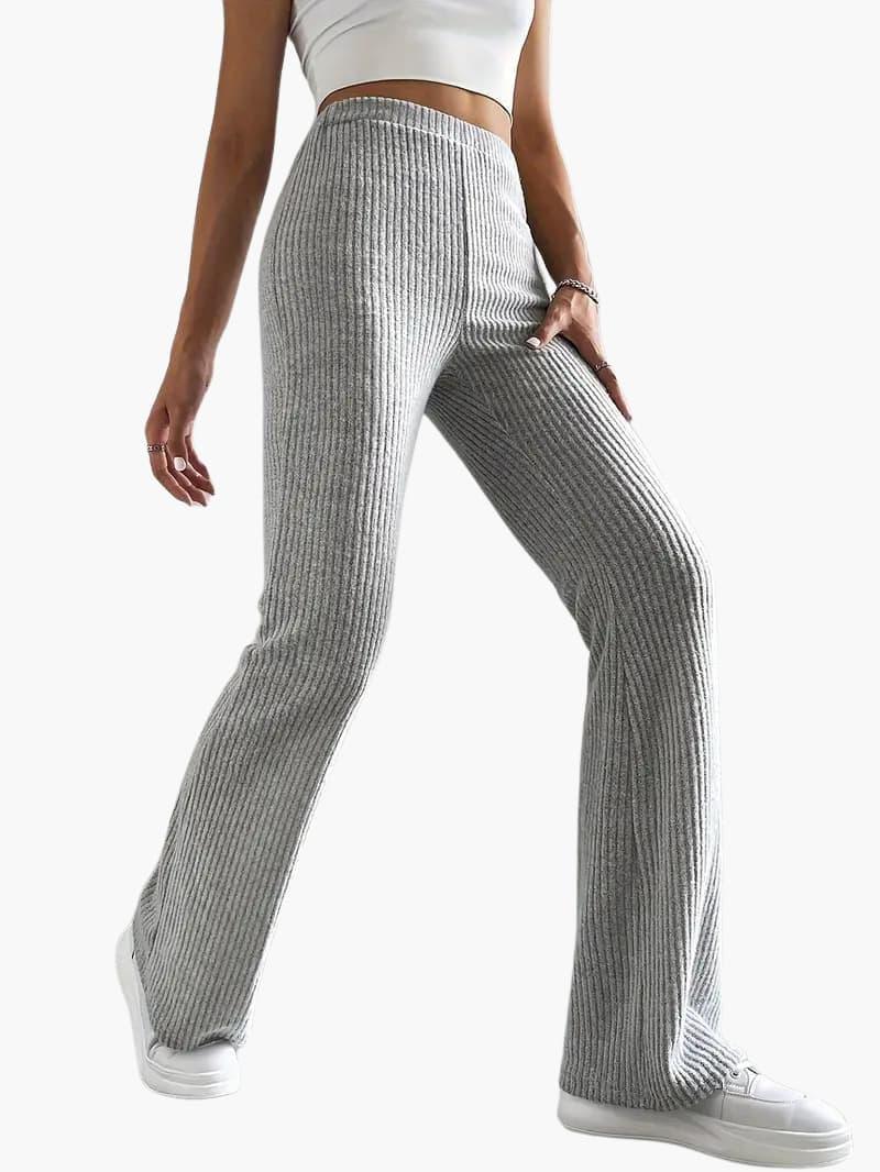 Wide high-waist gray knit pants for women by Wilfred Smith, wide-leg lounge trousers.