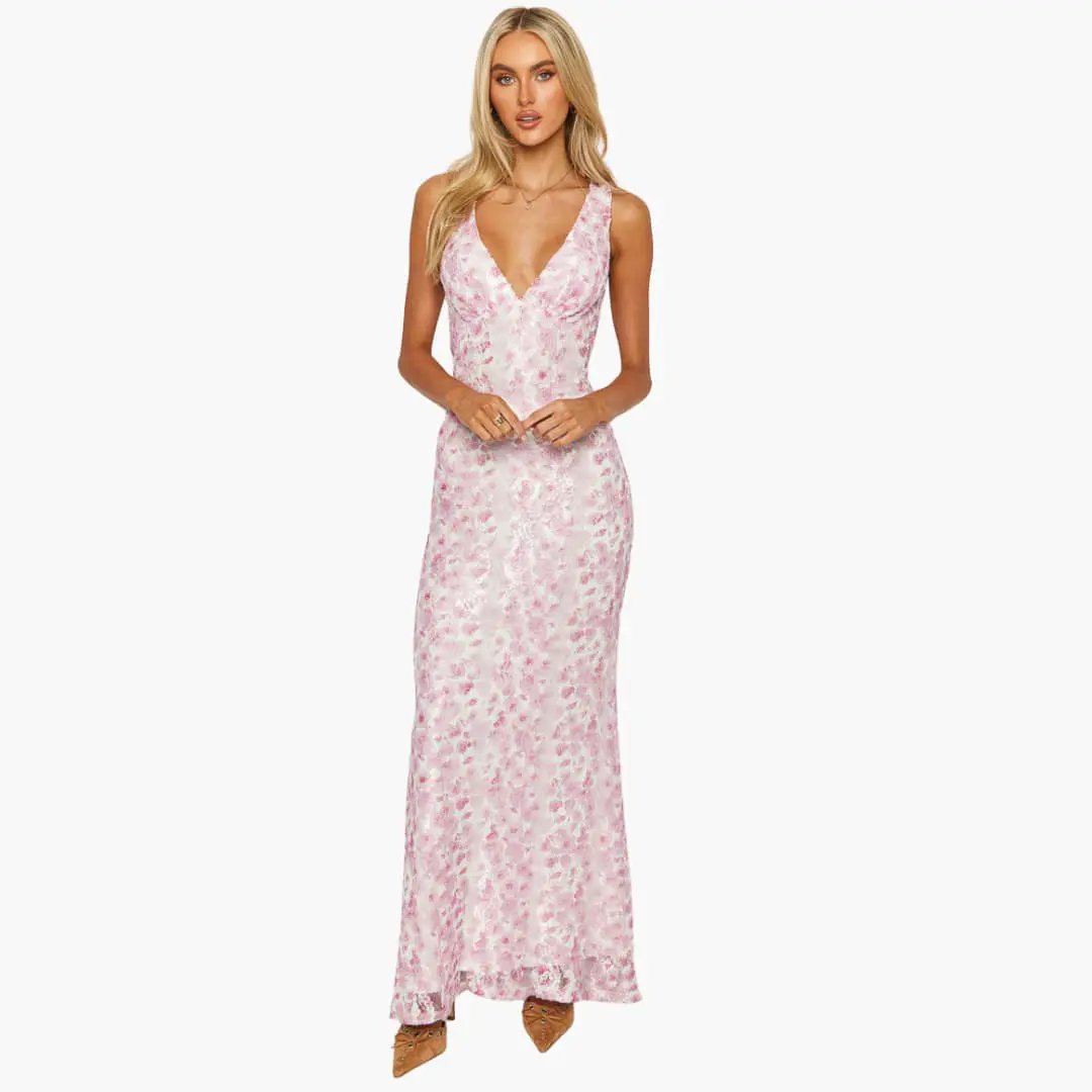 Lace maxi dress for women in pink and white floral lace, V-neck, floor-length evening gown.