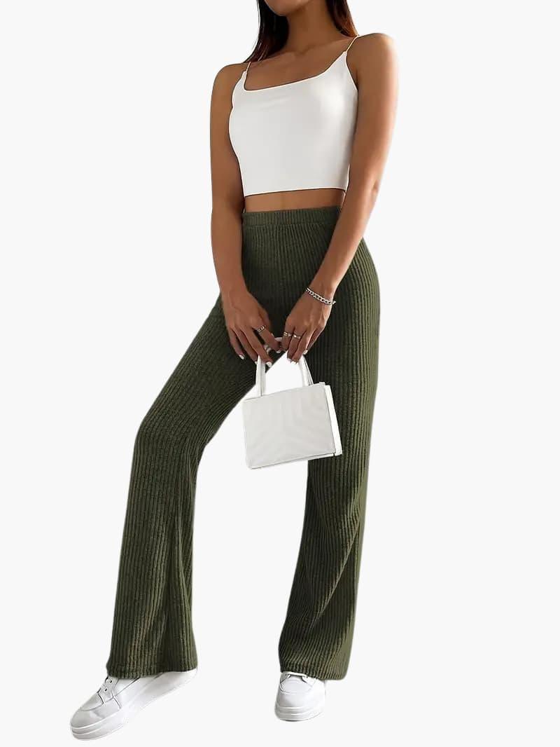 Wide high-waist knit pants for women in olive green, lounge-fit trousers.