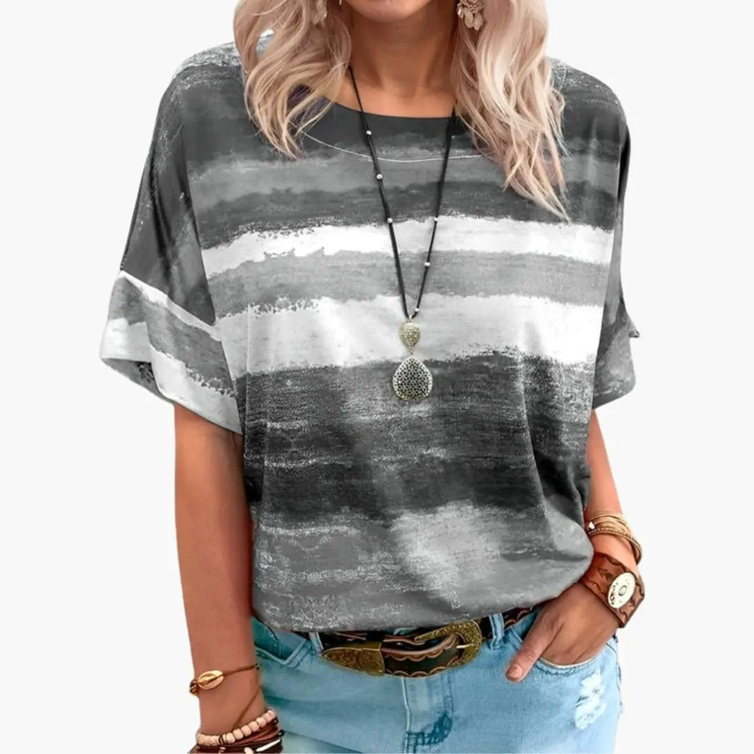 Women's Classic Crew Neck Short Sleeve T-Shirt with gray striped pattern.