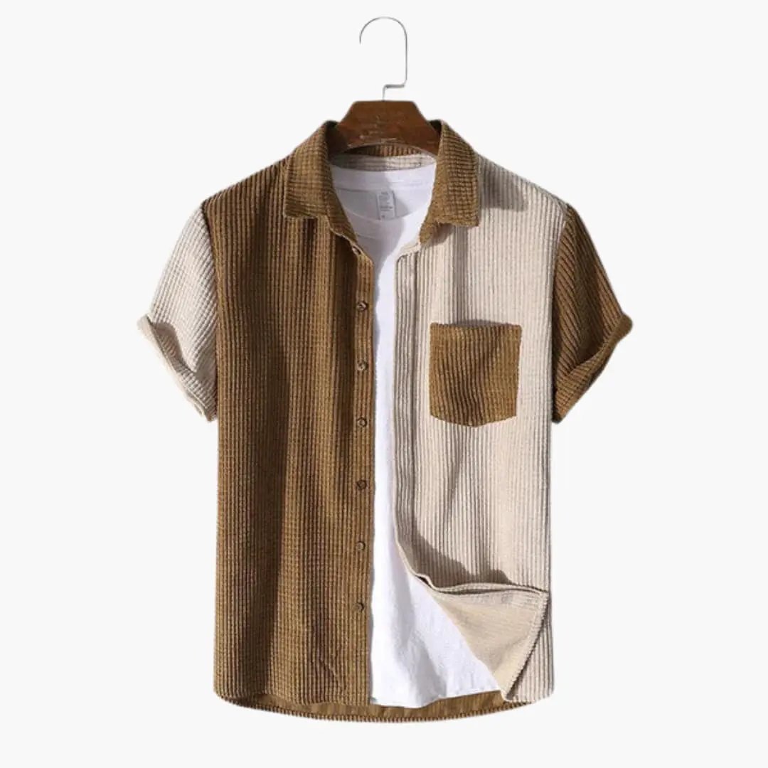 Men's summer set in waffle texture with shirt and shorts, tan beige color-block design.