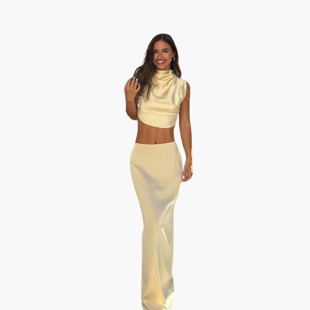 Champagne satin two-piece set for women with blouse and high-waisted pants