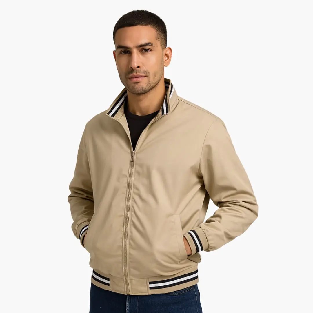 Men's bomber jacket by Wilfred Smith in beige with striped ribbed collar, cuffs and hem, front zipper