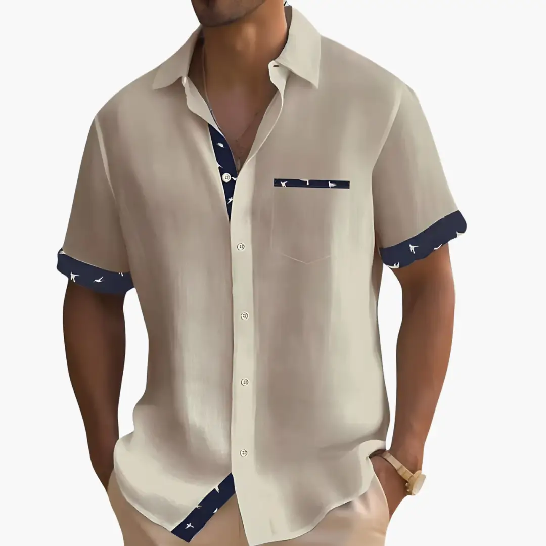 Men's modern slim-fit shirt by Wilfred Smith; beige short-sleeve with navy contrast placket and pocket trim