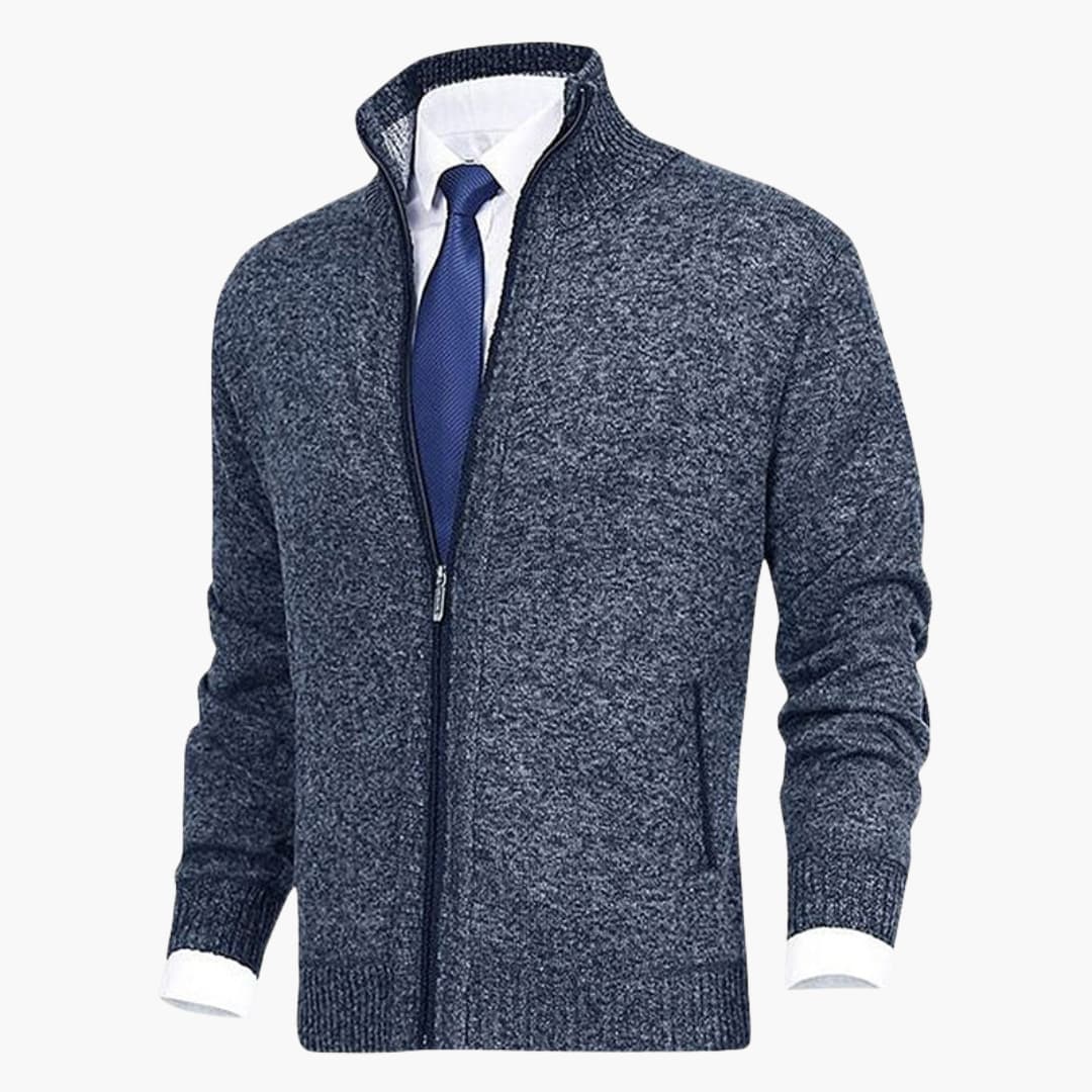 Men's zip cardigan with stand-up collar in navy knit by Wilfred Smith, ribbed cuffs