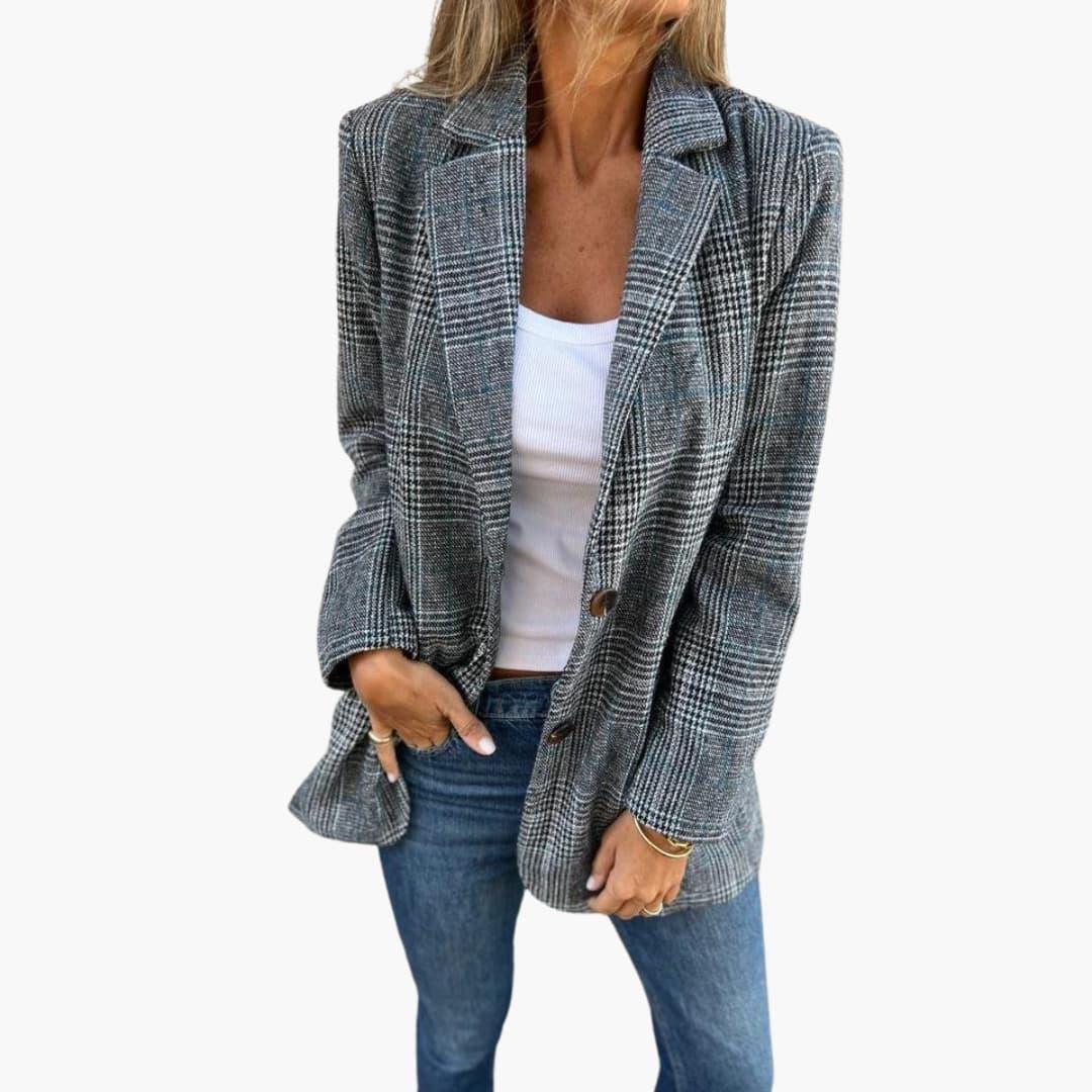 Blazer for women by Wilfred Smith, checked gray plaid, tailored slim-fit jacket