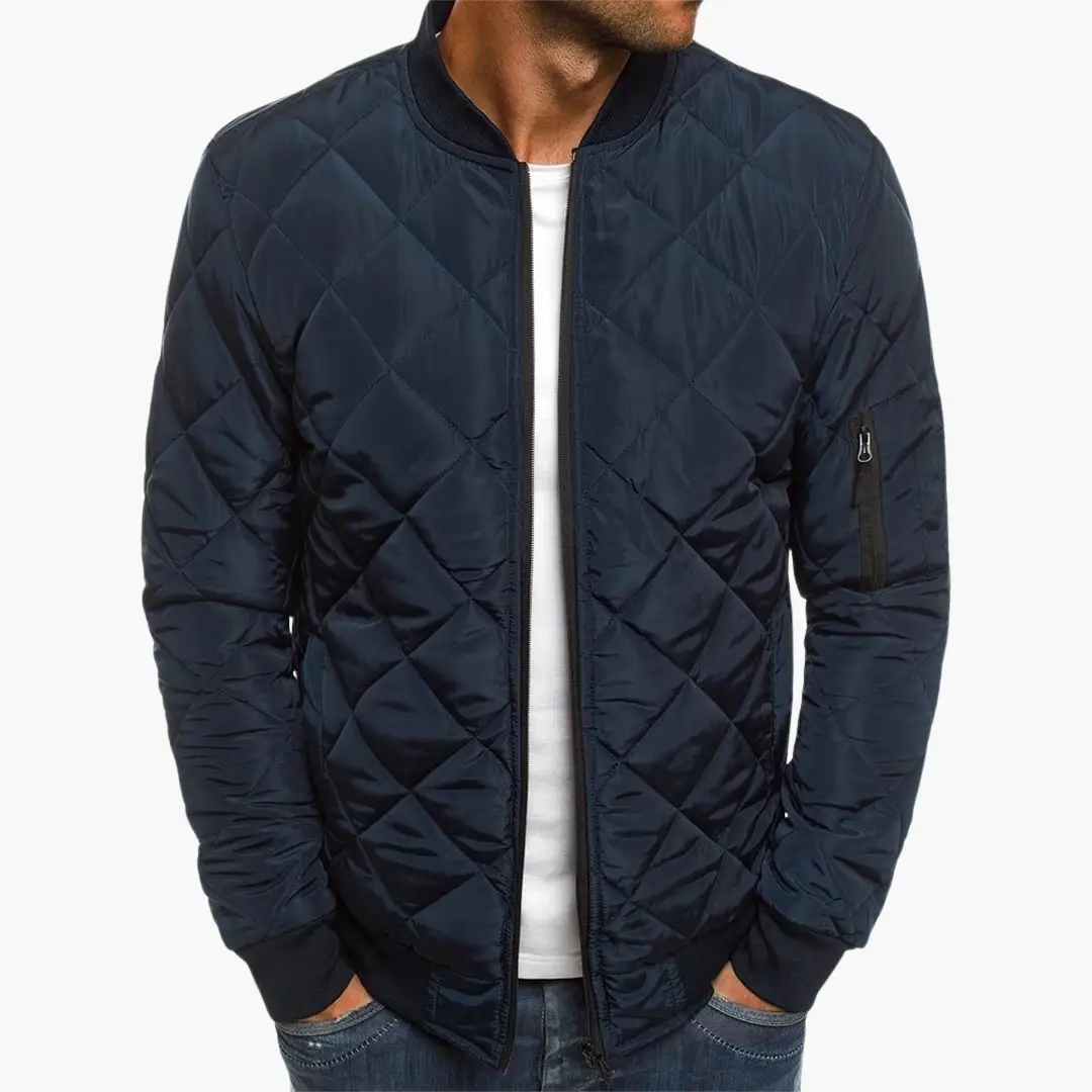 Men's Quilted Bomber Jacket with Zipper and Arm Pocket in navy