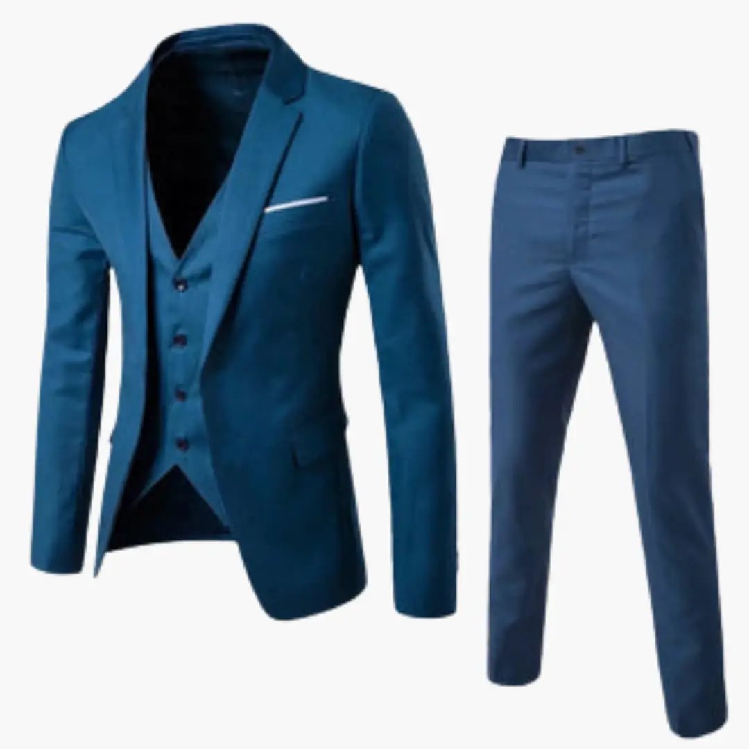 Men’s three-piece wedding suit in teal blue by Wilfred Smith, jacket, vest and pants