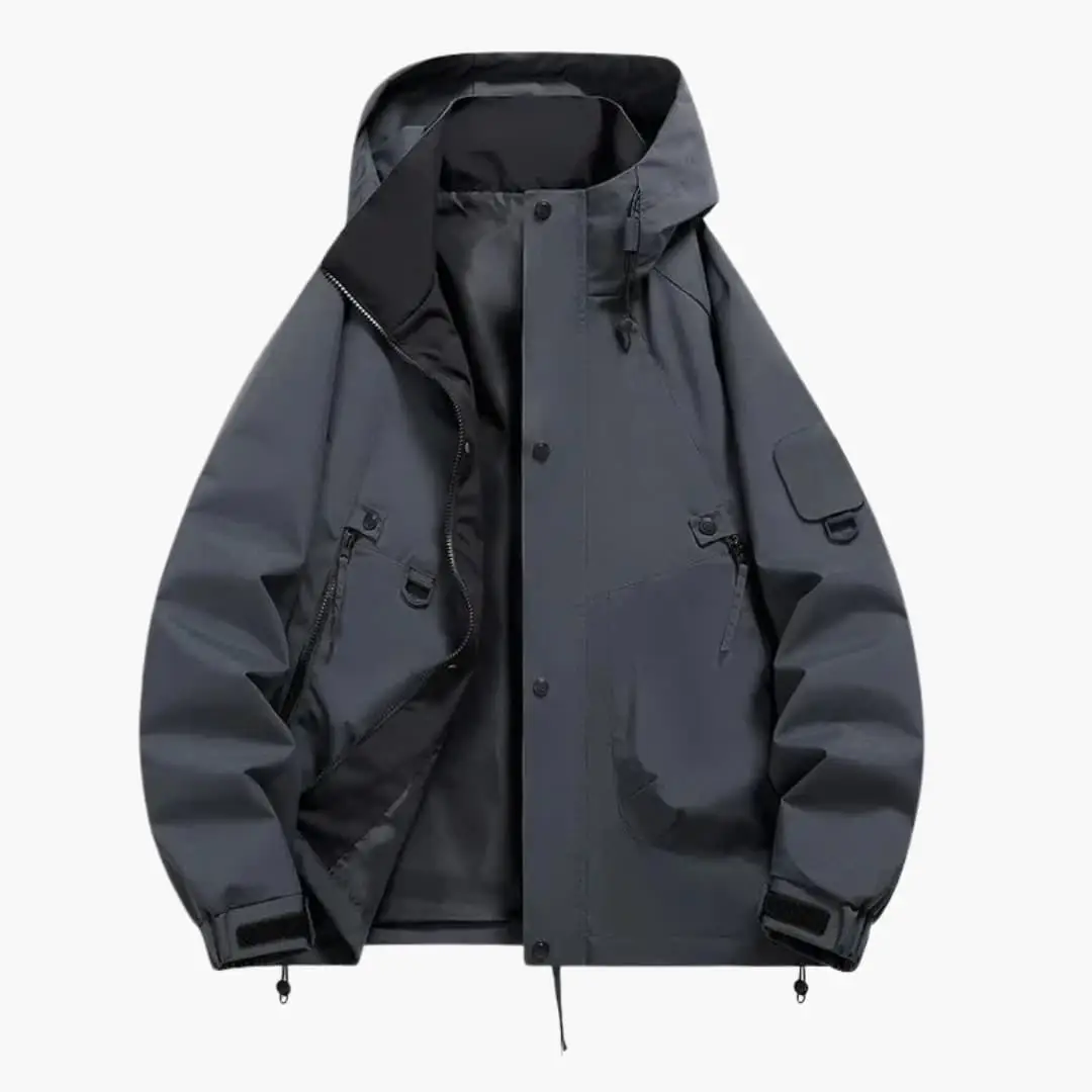 Unisex hooded parka in dark gray with zippered pockets