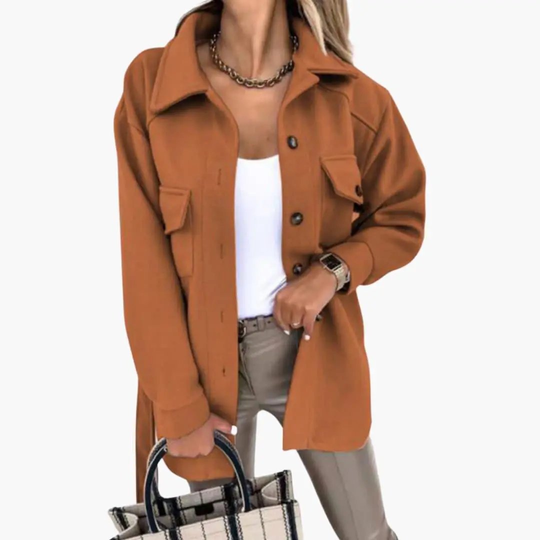 Women’s jacket and handbag; camel brown long coat with button front and chest pockets