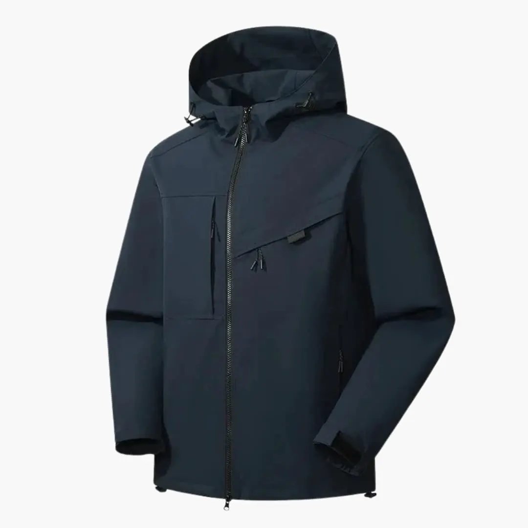 Men's navy ski jacket with hood, full-zip front, and zippered pockets