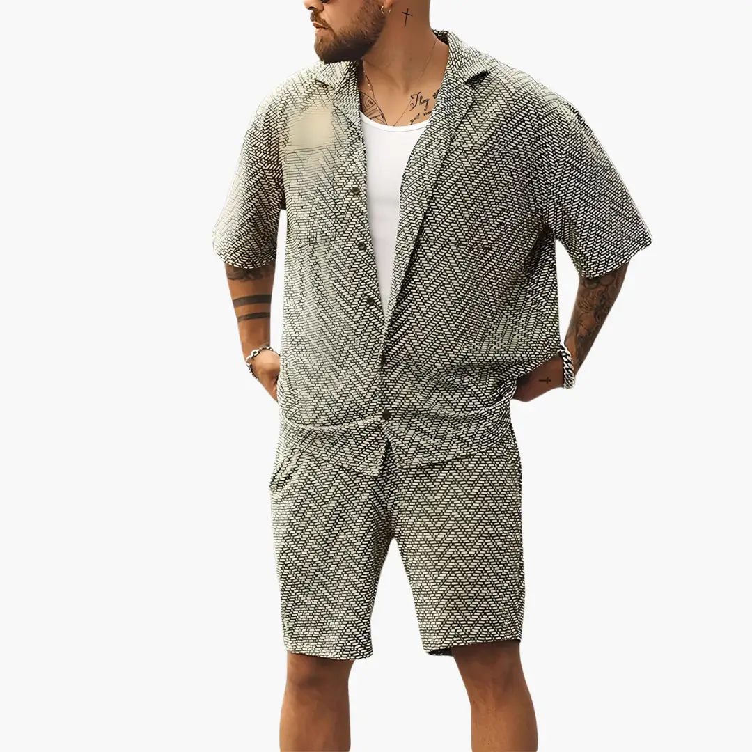 Men's Summer Two-Piece Set by Wilfred Smith with short sleeves and collar; beige geometric print shirt and shorts.