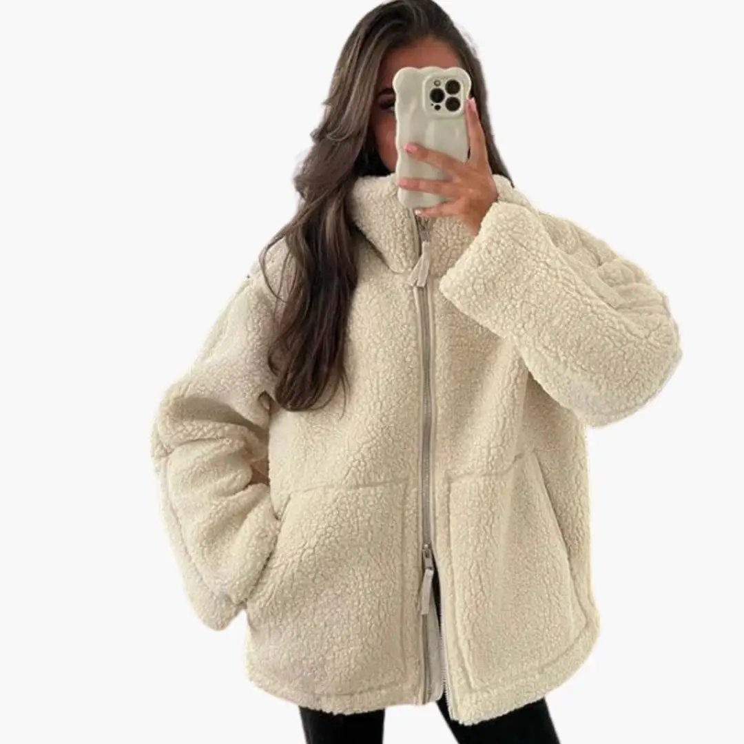 Lambswool jacket for women, cream zip-front coat by Wilfred Smith