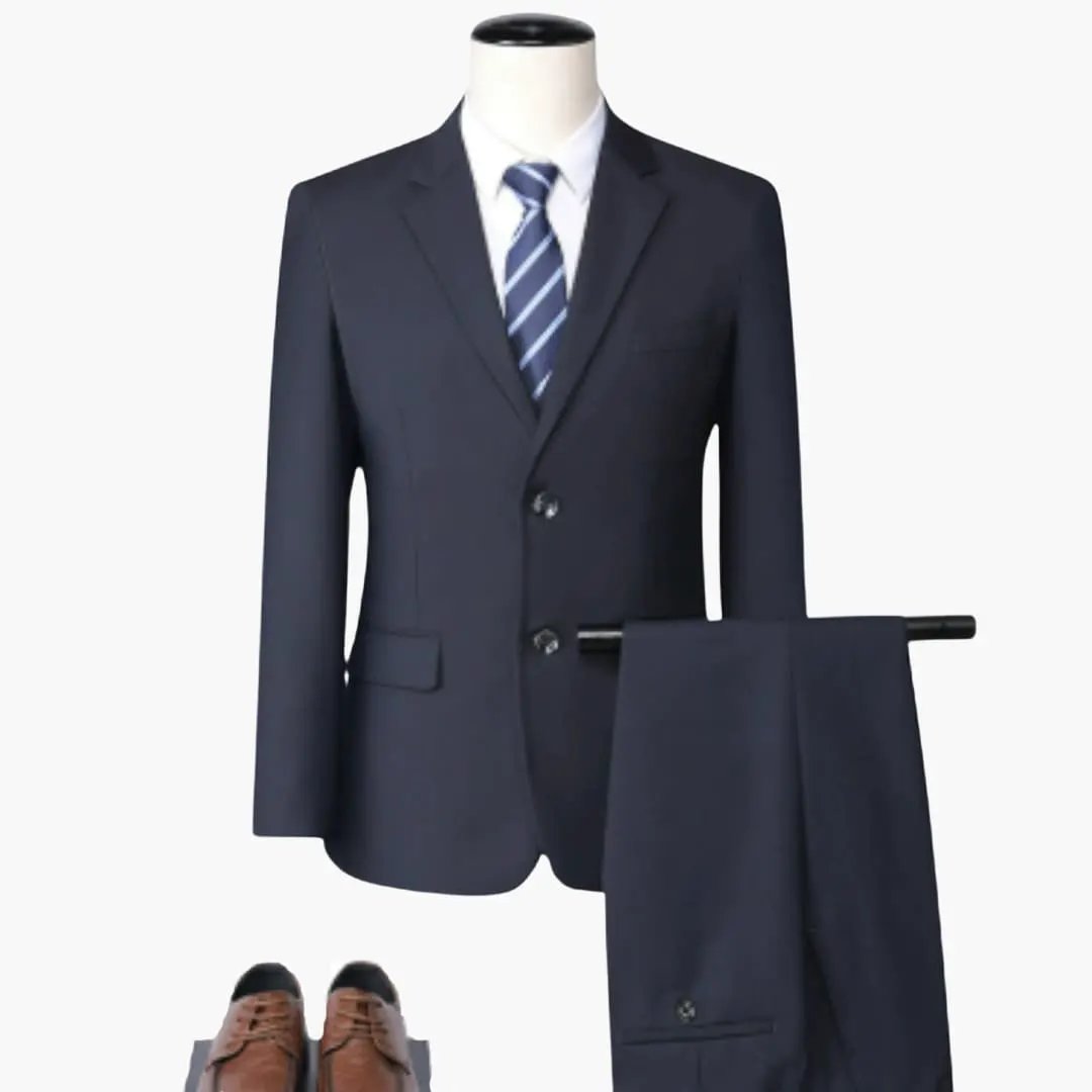 Elegant Slim Fit Suit by Wilfred Smith in navy; 2-piece jacket and trousers, striped blue tie, brown dress shoes