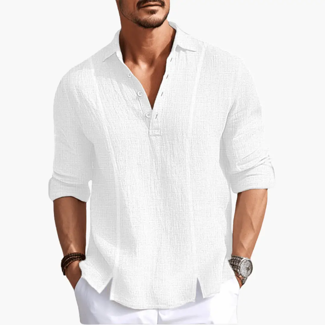 Men's white linen button-up shirt with rolled sleeves for summer