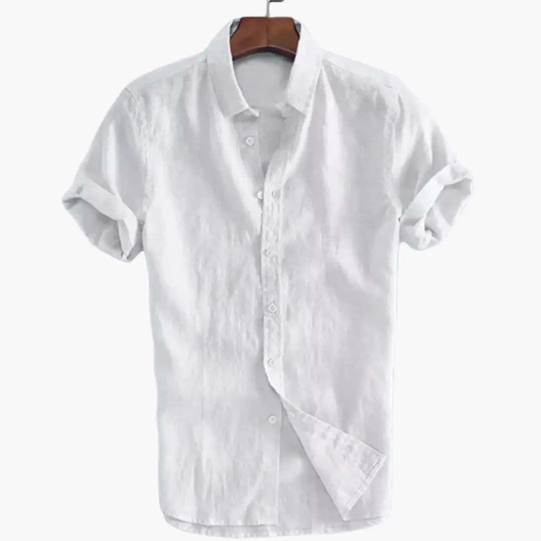 Casual white men's shirt on a hanger with rolled sleeves, button-down style