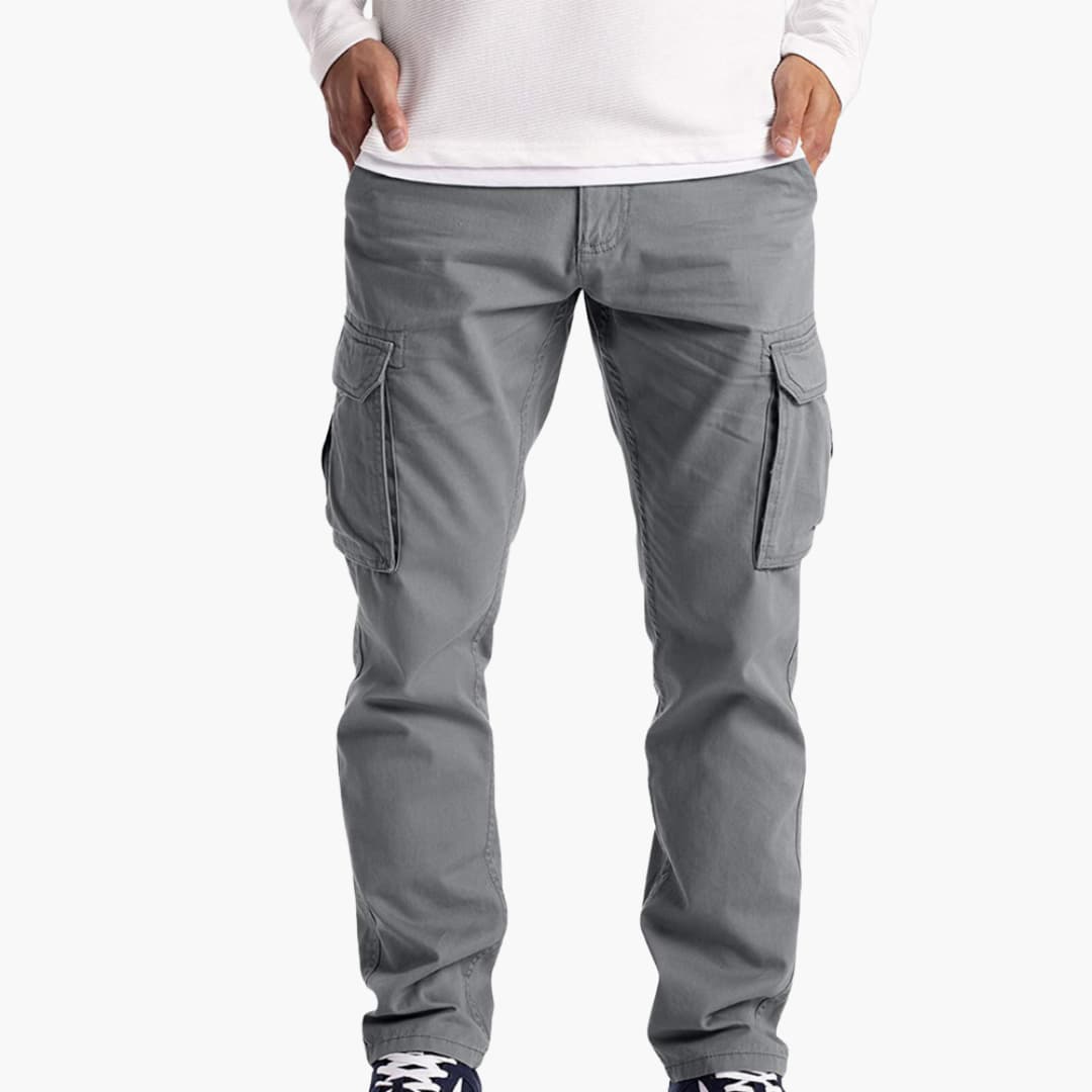 Men's cargo pants by Wilfred Smith with multiple pockets and adjustable waist, gray