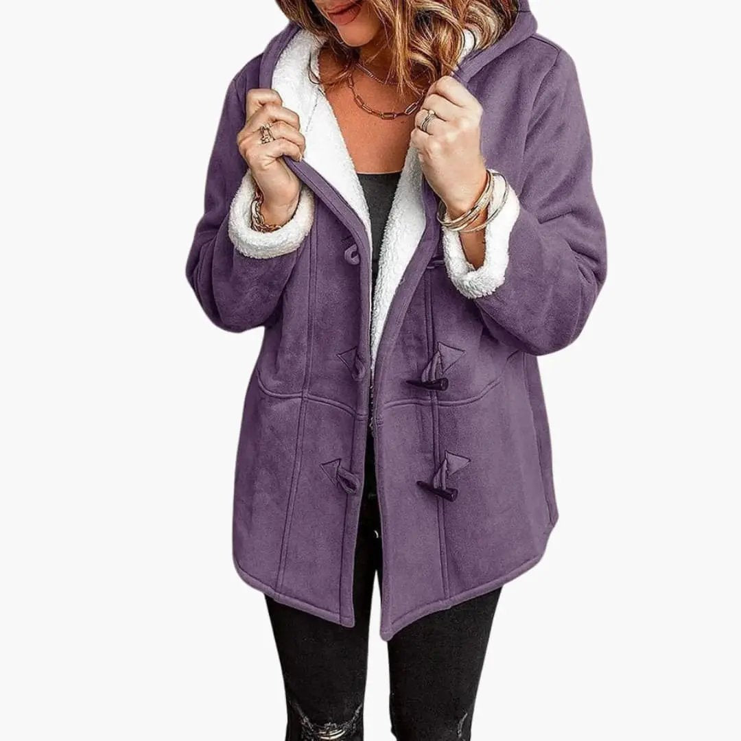 Women's purple duffle jacket with hood and toggle closures, white sherpa lining