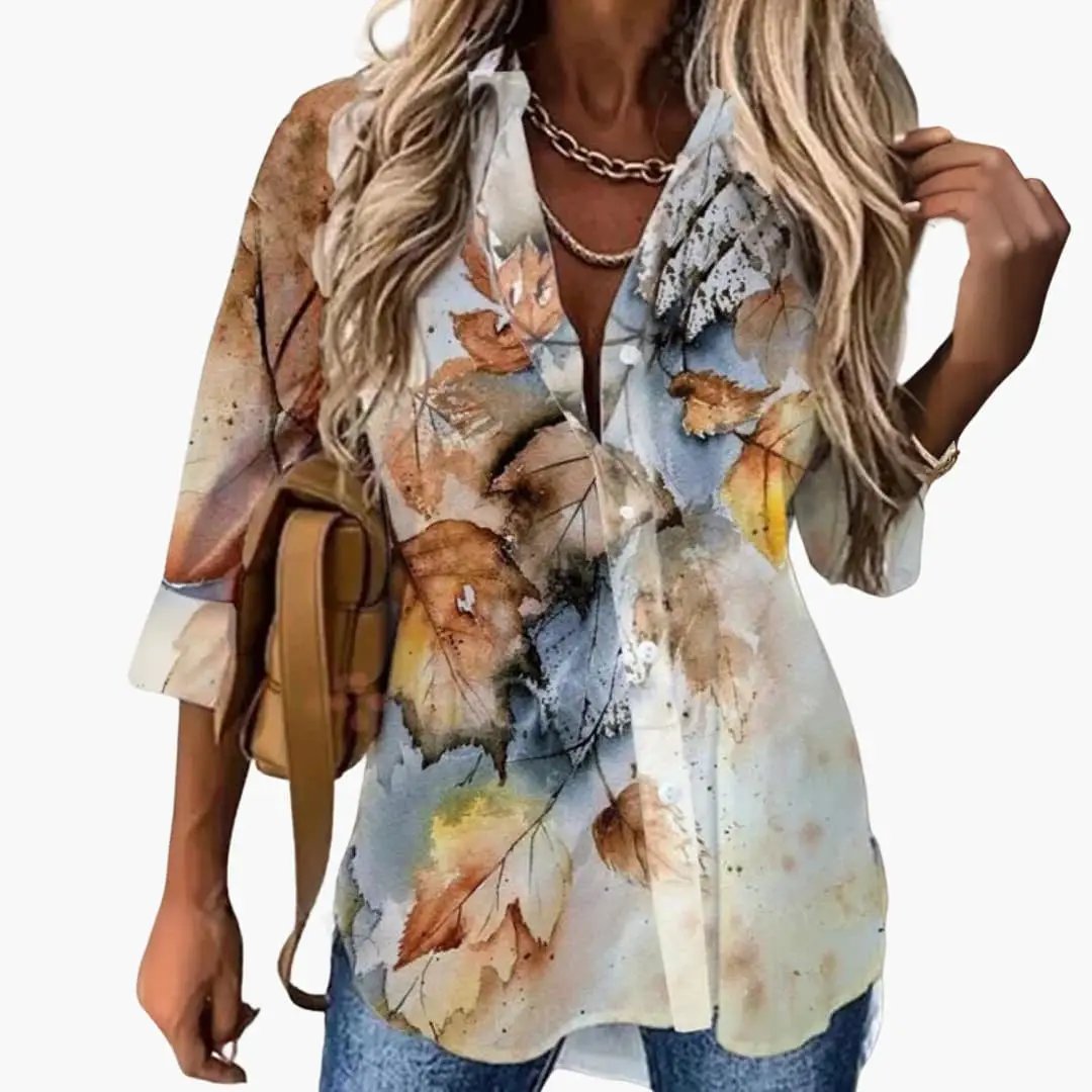 Blouse with floral watercolor pattern in blue, beige and brown; women's blouse by Wilfred Smith