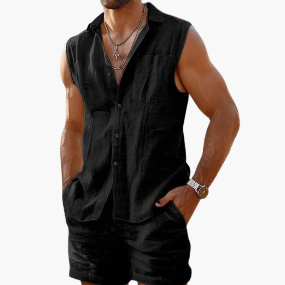2-Piece men's summer set: black sleeveless shirt and shorts by Wilfred Smith