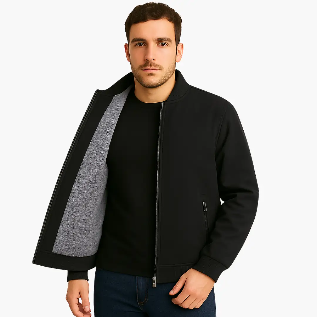 Men's bomber jacket with zipper, black exterior and gray fleece lining