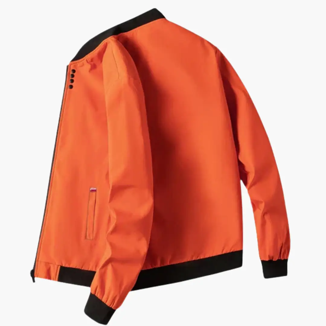 Men's orange bomber jacket with black ribbed collar, cuffs and waist pockets.