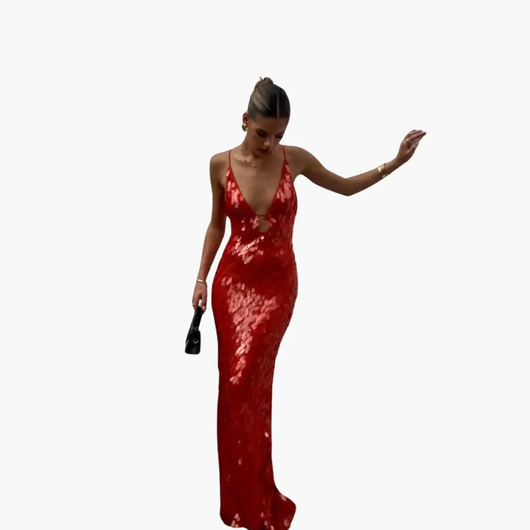Sequin red evening maxi dress with plunging V-neck for women